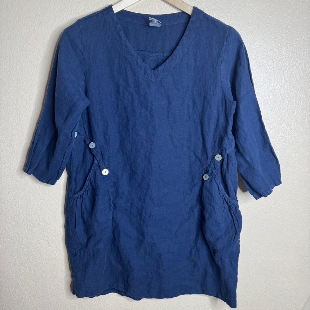 Match Point Shirt Tunic Women's Medium Blue Linen 3/4 Sleeve Pockets V-neck Top